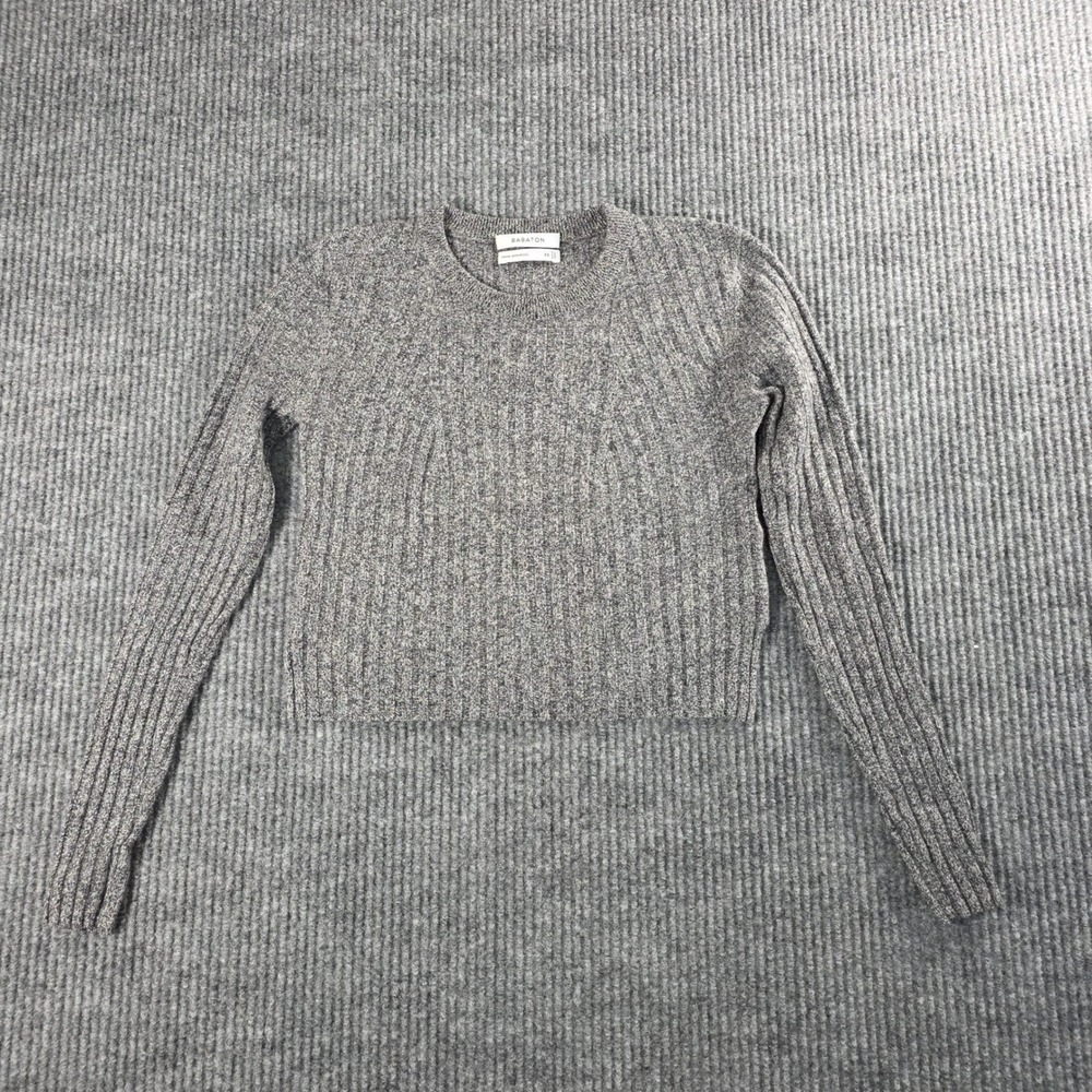 Babaton Ribbed Wool Blend Cropped Sweater Grey Marl Tulip Hem XS‎